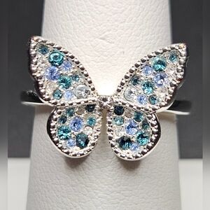 ✨️UPDATED✨️Sparkly Blue Rhinestone Butterfly Statement Ring Silver Plated Size 8